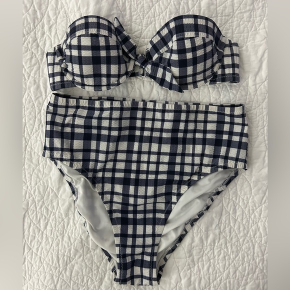 J. Crew Tie-front Underwire Top & High Waist Bottoms in Navy Blue Plaid Bikini - Picture 2 of 10